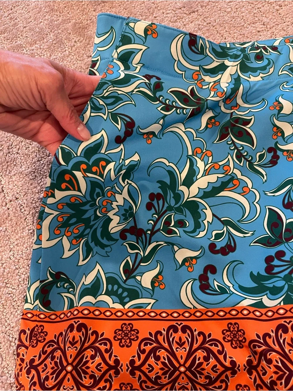 Lady Hagen Turquoise Blue Floral Mini Skirt/Skort with Orange Hem, Size 2